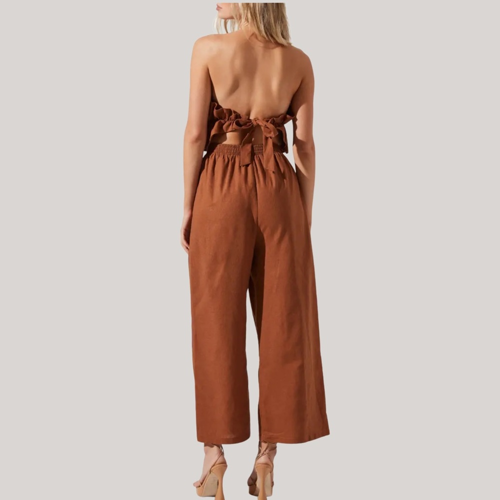 ASTR The Label Ruffle Bodice Tie Back Strapless Cotton Linen Jumpsuit Brown S - Picture 3 of 13